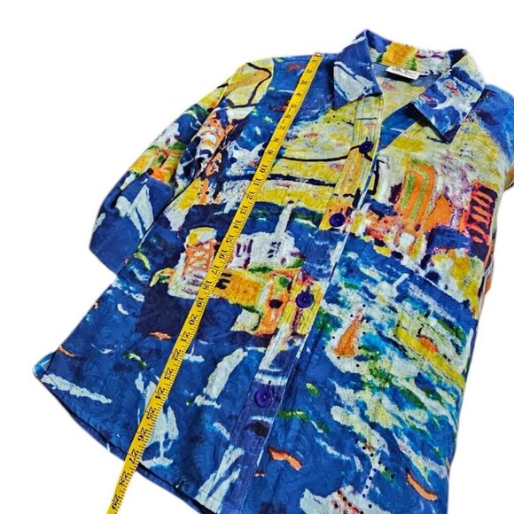 Michael Leu Womens Art To Wear, Bridge, Water, Cotton, Button Front, Gems, Sz XL - Picture 3 of 10